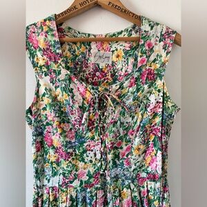 ANN YOUNG | Vintage Delicate Garden Floral Cotton Lace-Up Midi Dress - Size 10